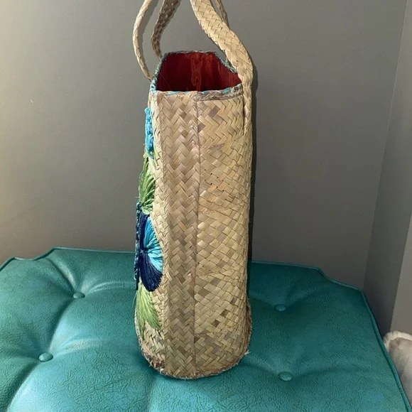 Vintage oversized large gorgeous turquoise blue flower raffia basket beachy bag - Picture 7 of 14